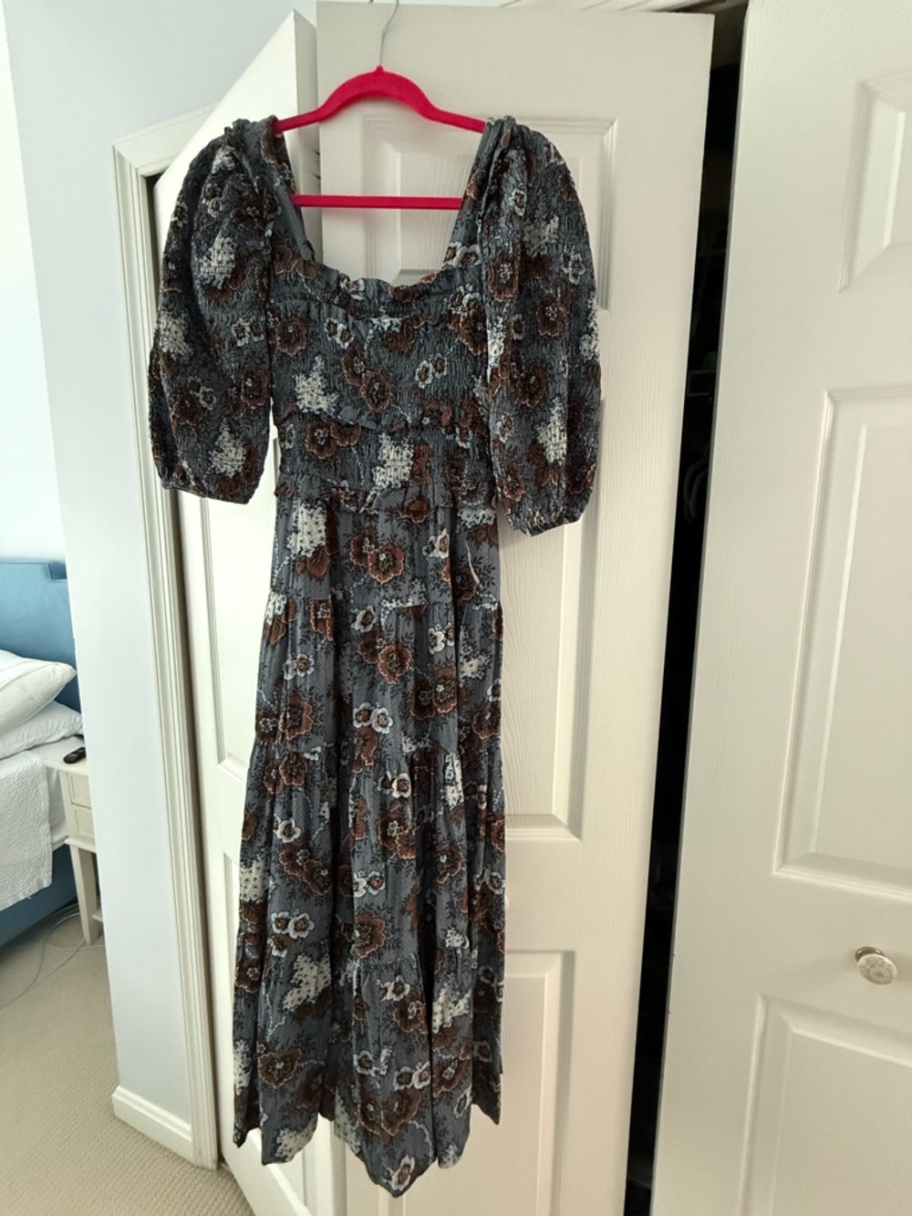 Sea New York Blue and Brown Floral Smocked Maxi Dress